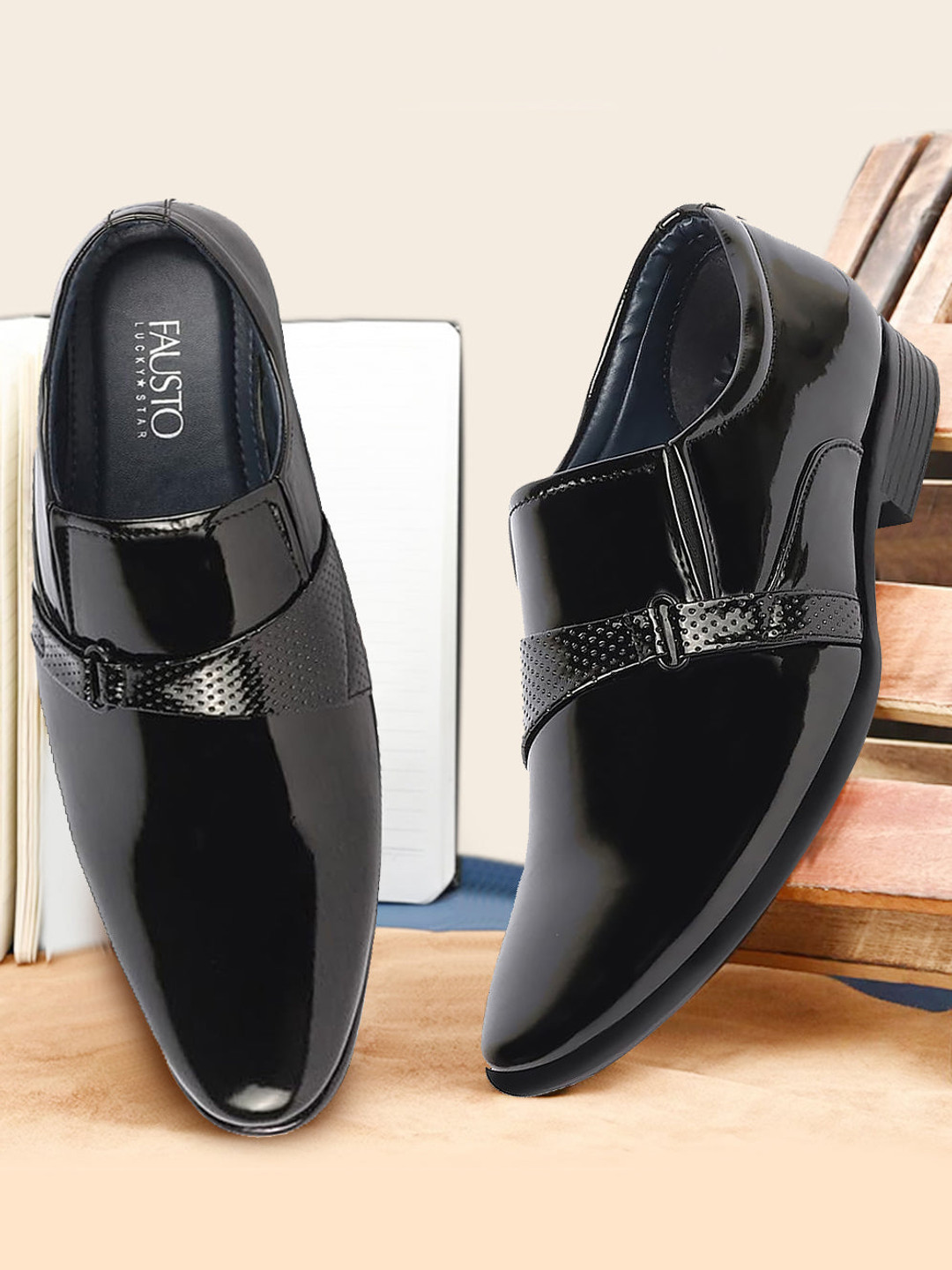 

FAUSTO Men Perforated Formal Slip on Shoes, Black