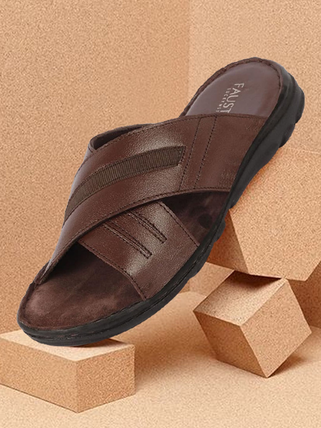 

FAUSTO Men Textured Leather Comfort Sandals, Brown