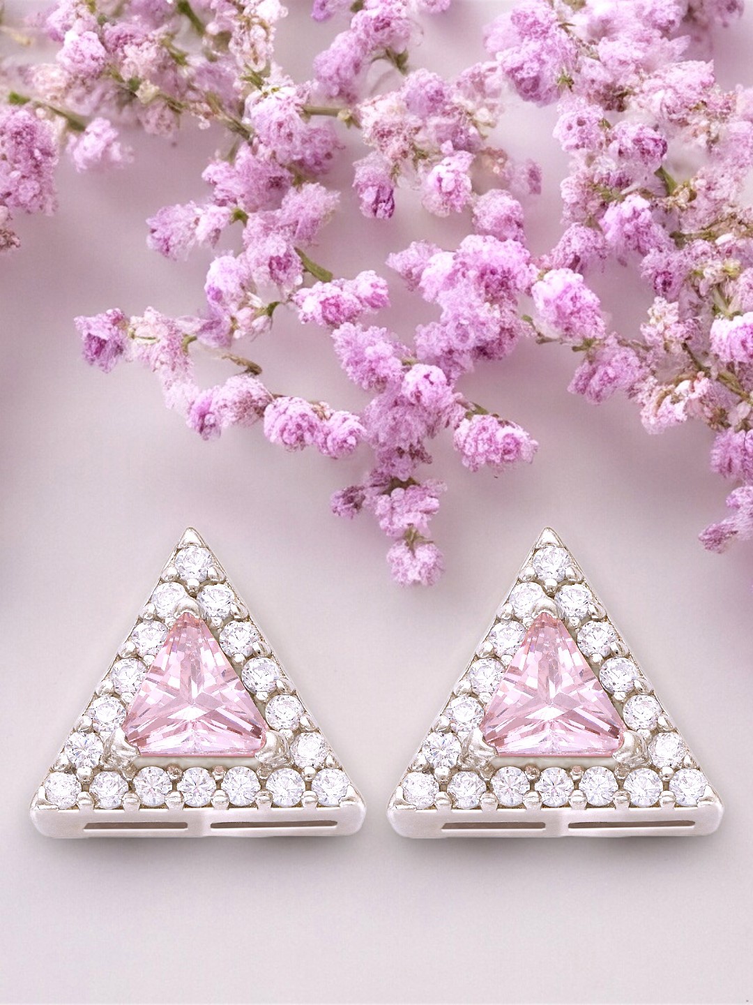 

Taraash Triangular Shaped Cubic Zirconia Stone-Studded 925 Sterling Silver Studs Earrings