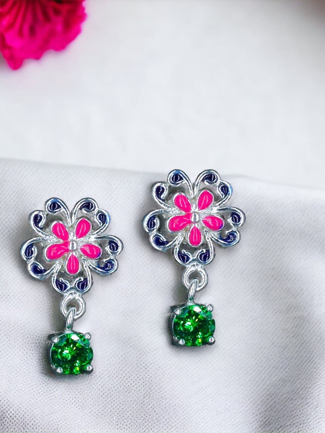 

Taraash Girls 925 Sterling Silver Cubic Zirconia Studded Enamelled Floral Drop Earrings