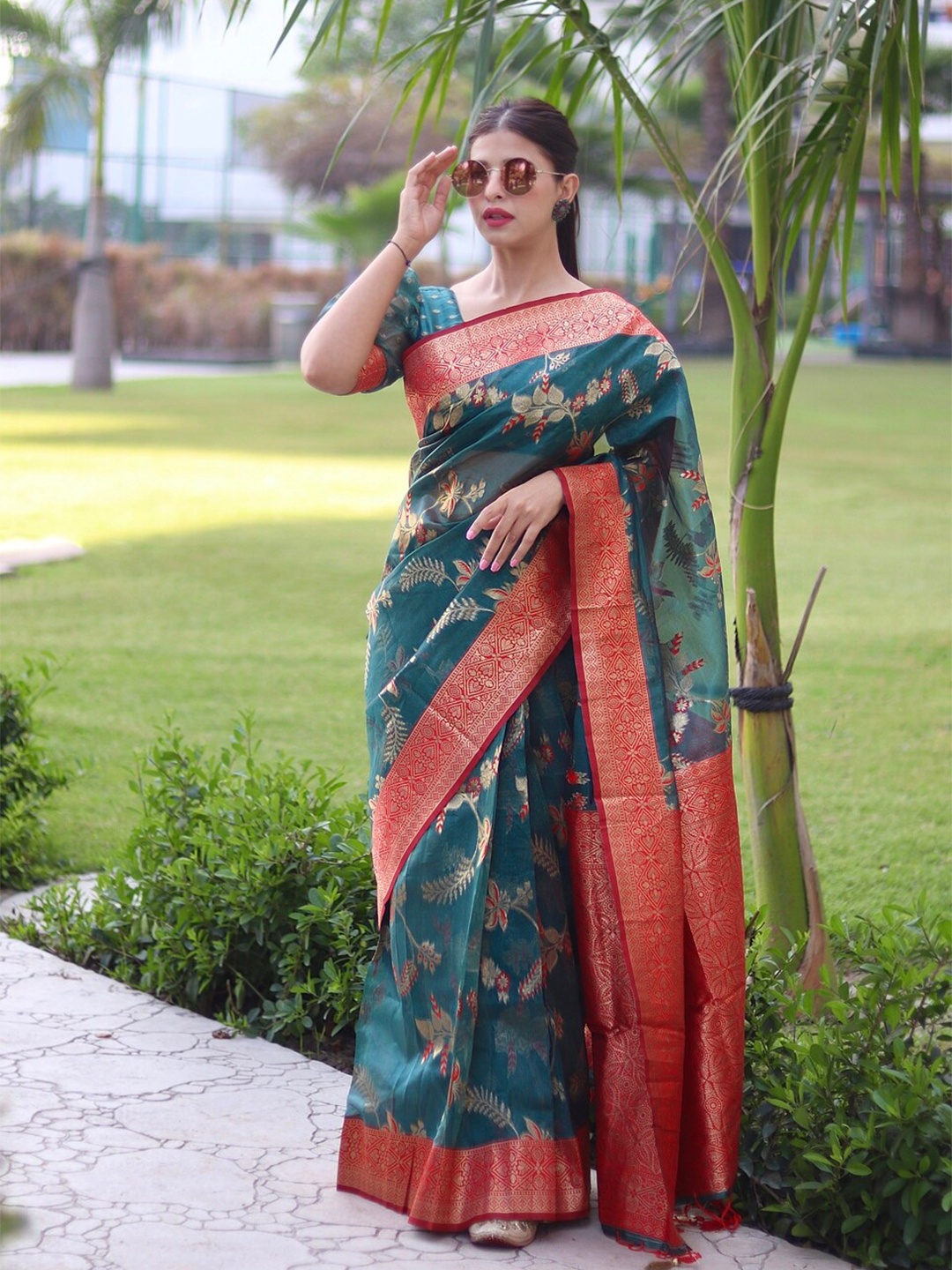 

ALMAARI FASHION Ethnic Motifs Woven Design Zari Pure Silk Kanjeevaram Saree, Green