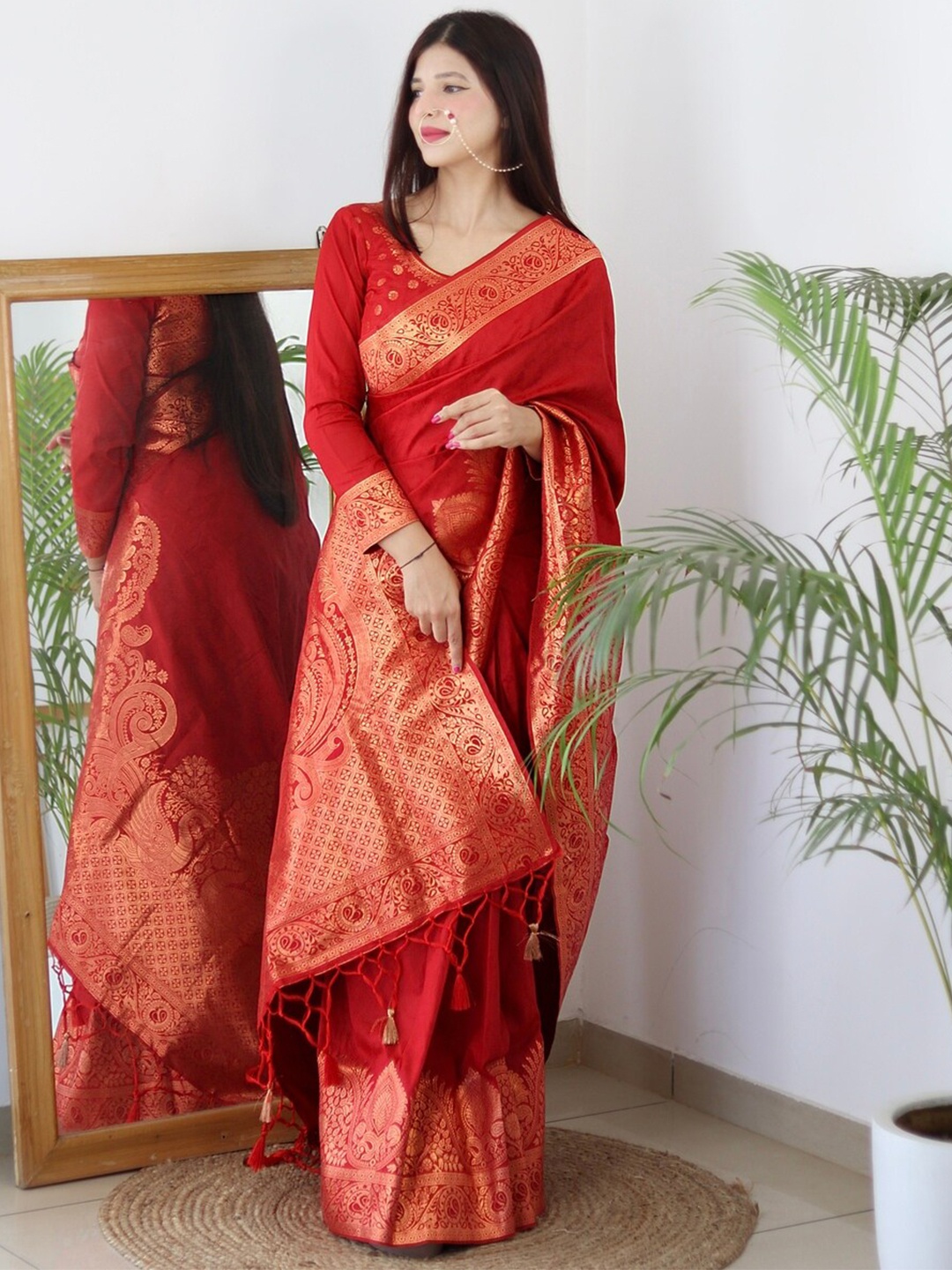 

ALMAARI FASHION Ethnic Motifs Woven Design Zari Pure Silk Kanjeevaram Saree, Red