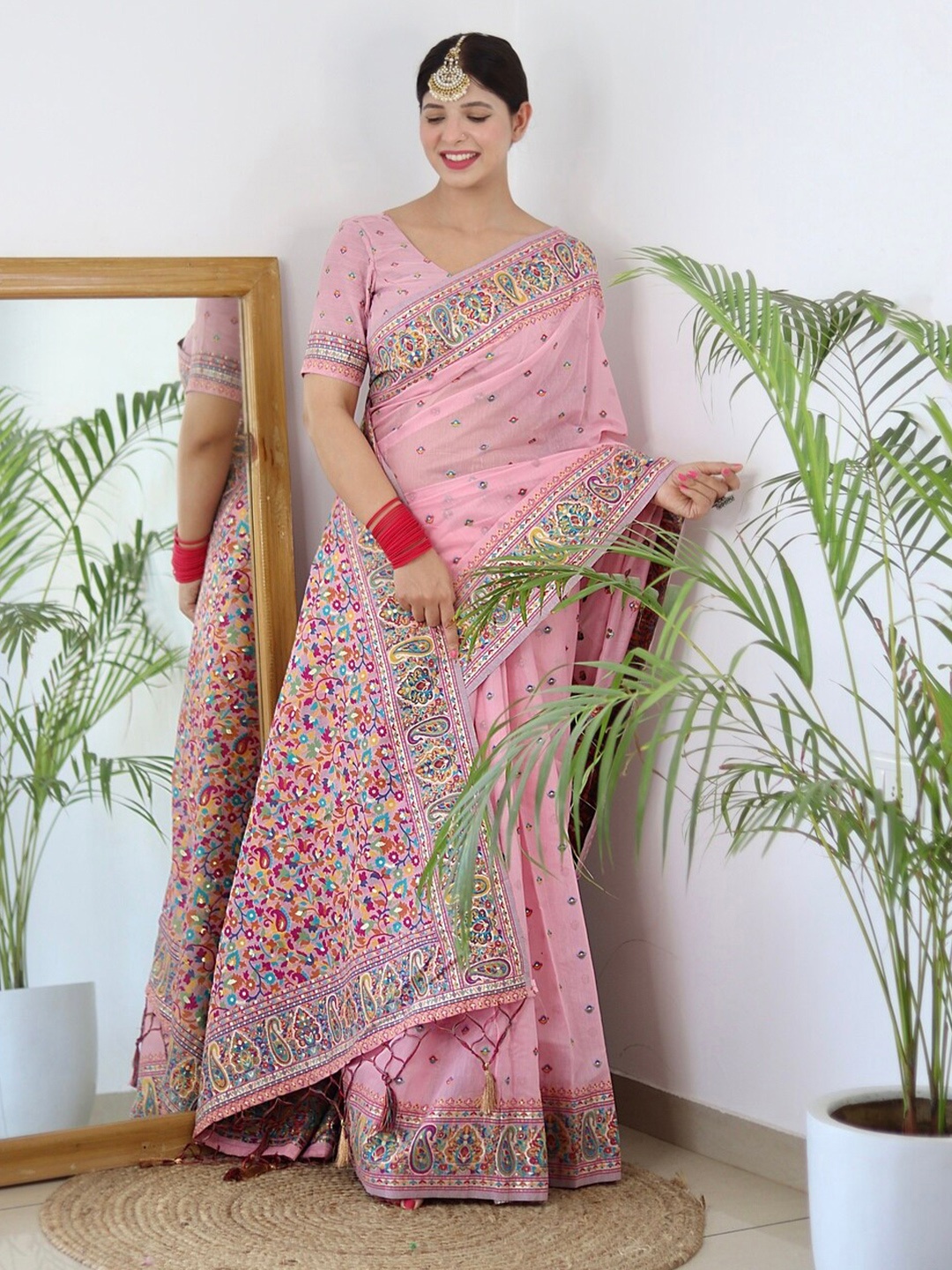 

ALMAARI FASHION Floral Woven Design Zari Pure Silk Kanjeevaram Saree, Pink