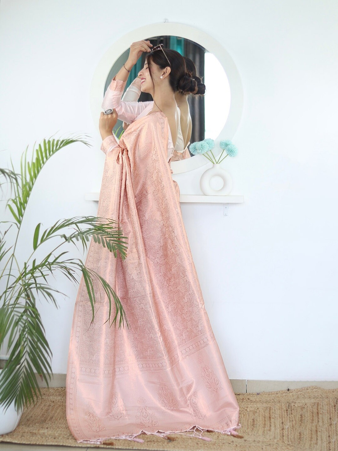 

ALMAARI FASHION Floral Woven Design Zari Pure Silk Kanjeevaram Saree, Peach