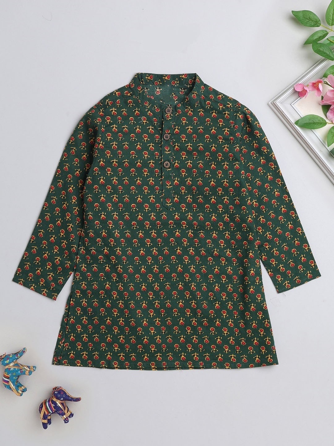 

The Magic Wand Boys Floral Printed Straight Cotton Kurta, Green