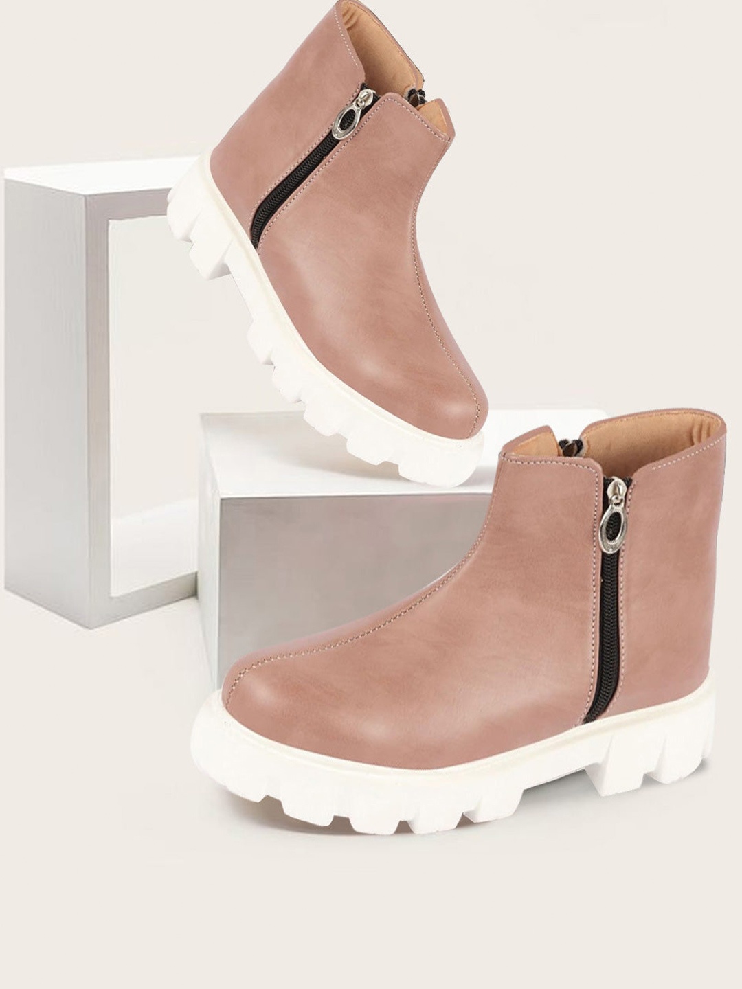 

FAUSTO Women Heeled Mid-Top Chunky Boots, Peach