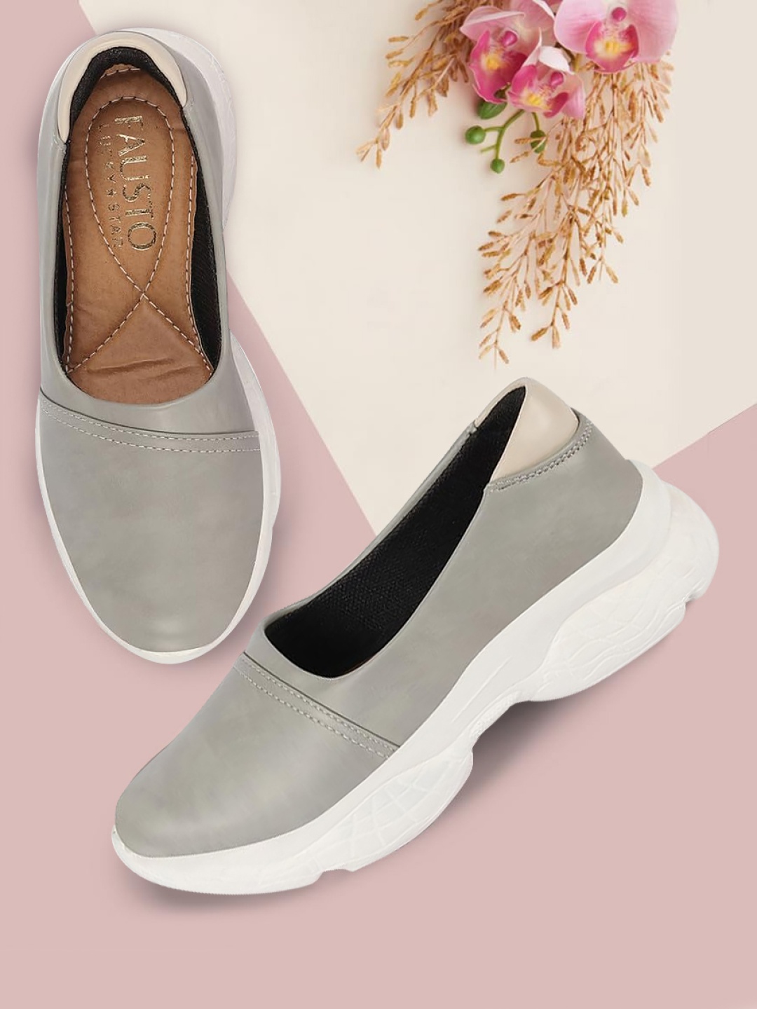 

FAUSTO Women Stitched Design Lightweight Slip-On Sneakers, Grey