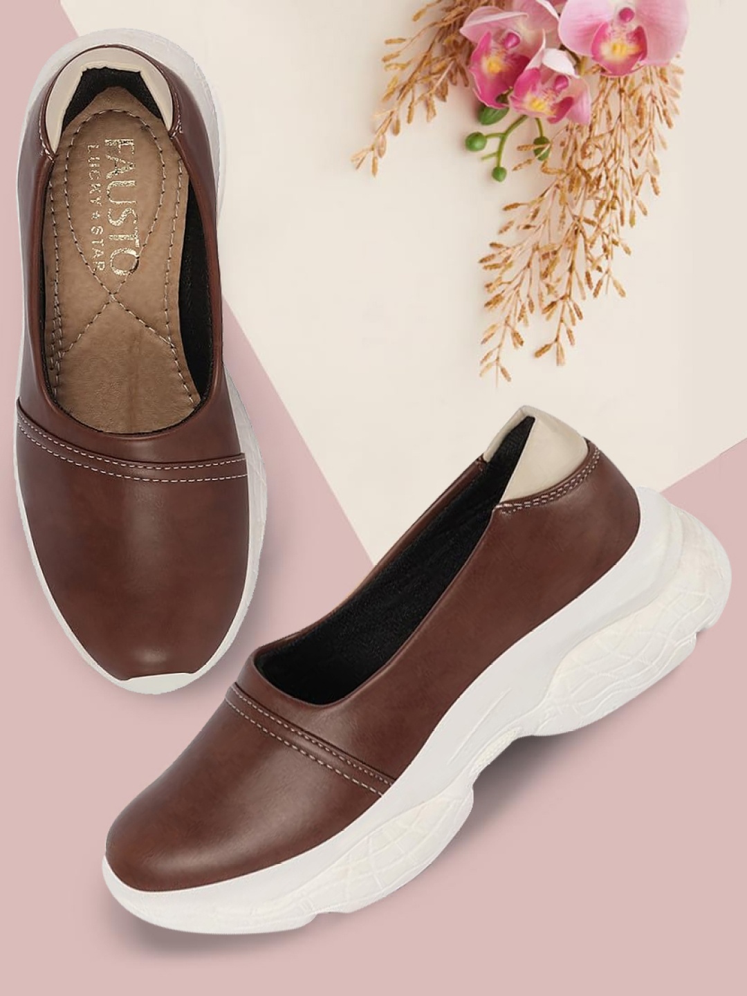 

FAUSTO Women Lightweight Stitched Design Comfort Insole Slip-On Sneakers, Brown