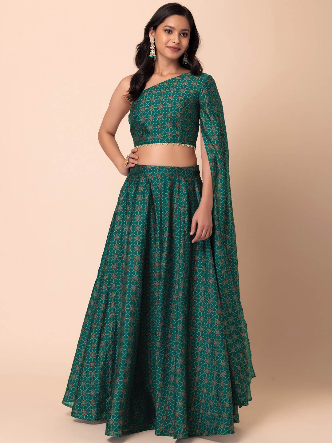 

INDYA Floral Printed Lehenga With One Shoulder Blouse, Green