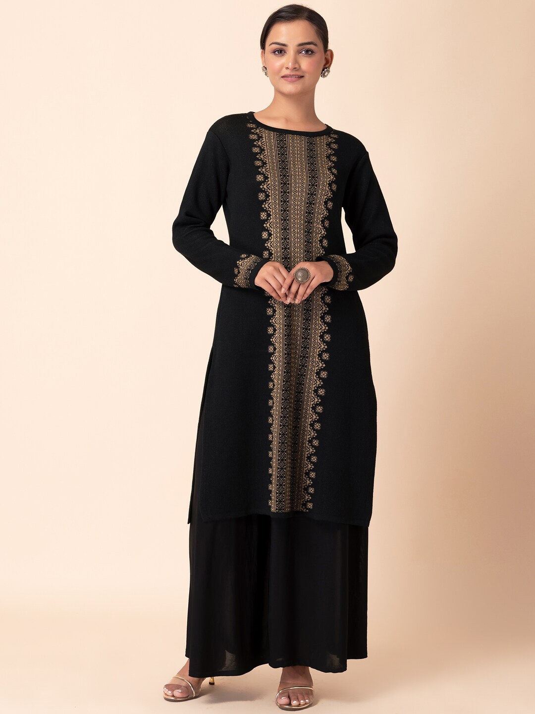 

INDYA Floral Woven Design A-Line Kurta, Black