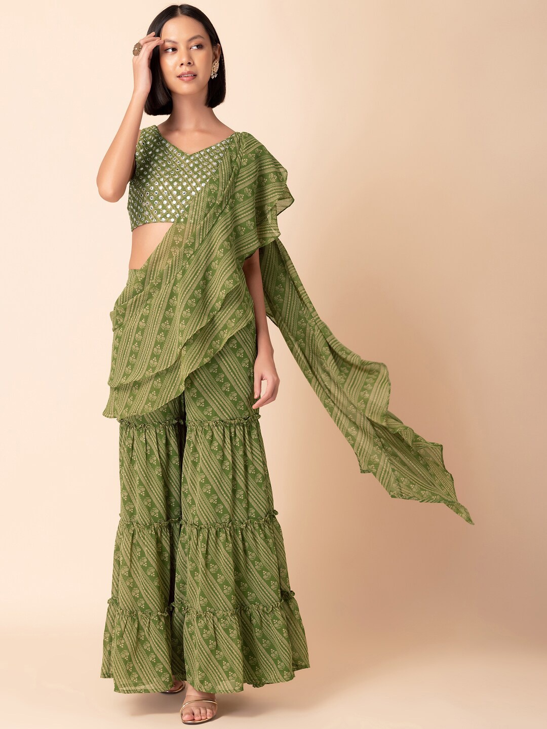 

INDYA Striped Sharara With Embroidered Blouse & Attached Ruffled Dupatta, Green