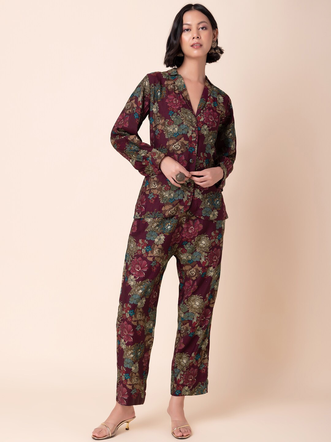 

INDYA Floral Printed Blazer Style Shirt With Trouser, Purple