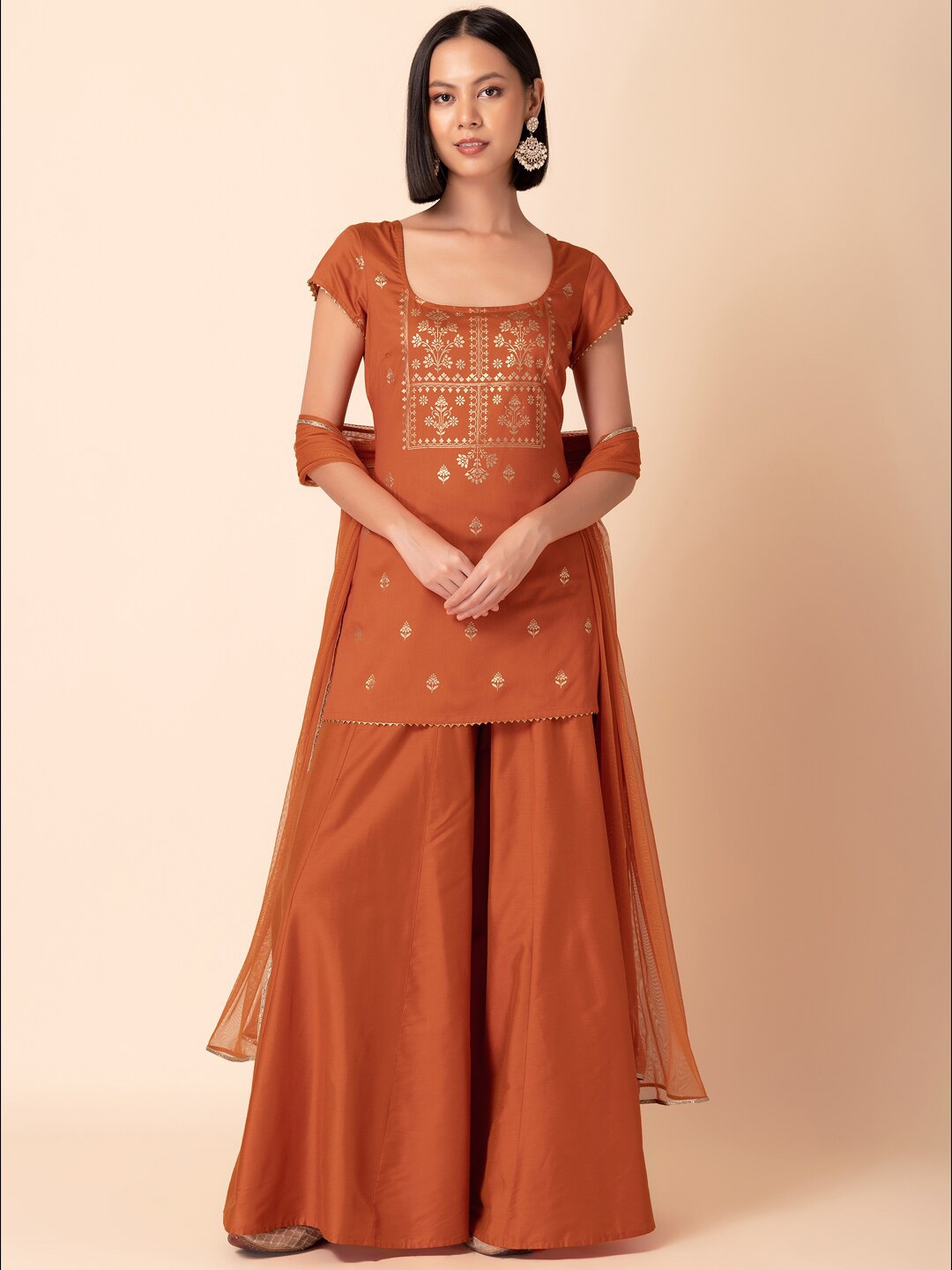 

INDYA Floral Printed Square Neck Short Sleeves Kurti With Palazzos & Dupatta, Orange