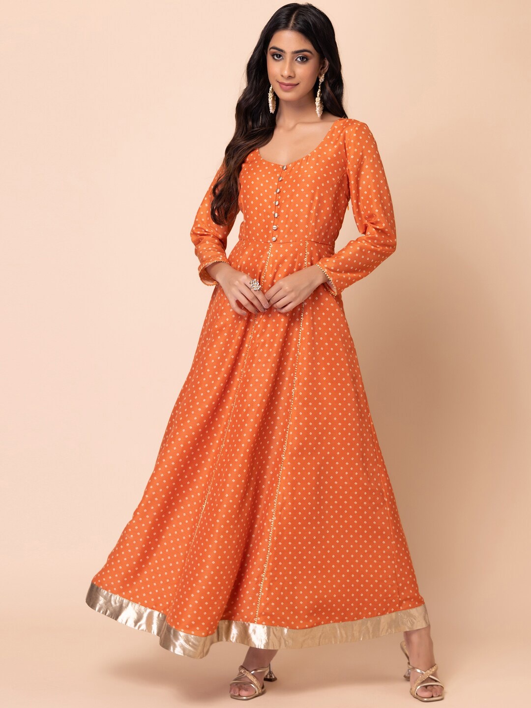 

INDYA Bandhani Printed Fit and Flare Maxi Ethnic Dress, Orange