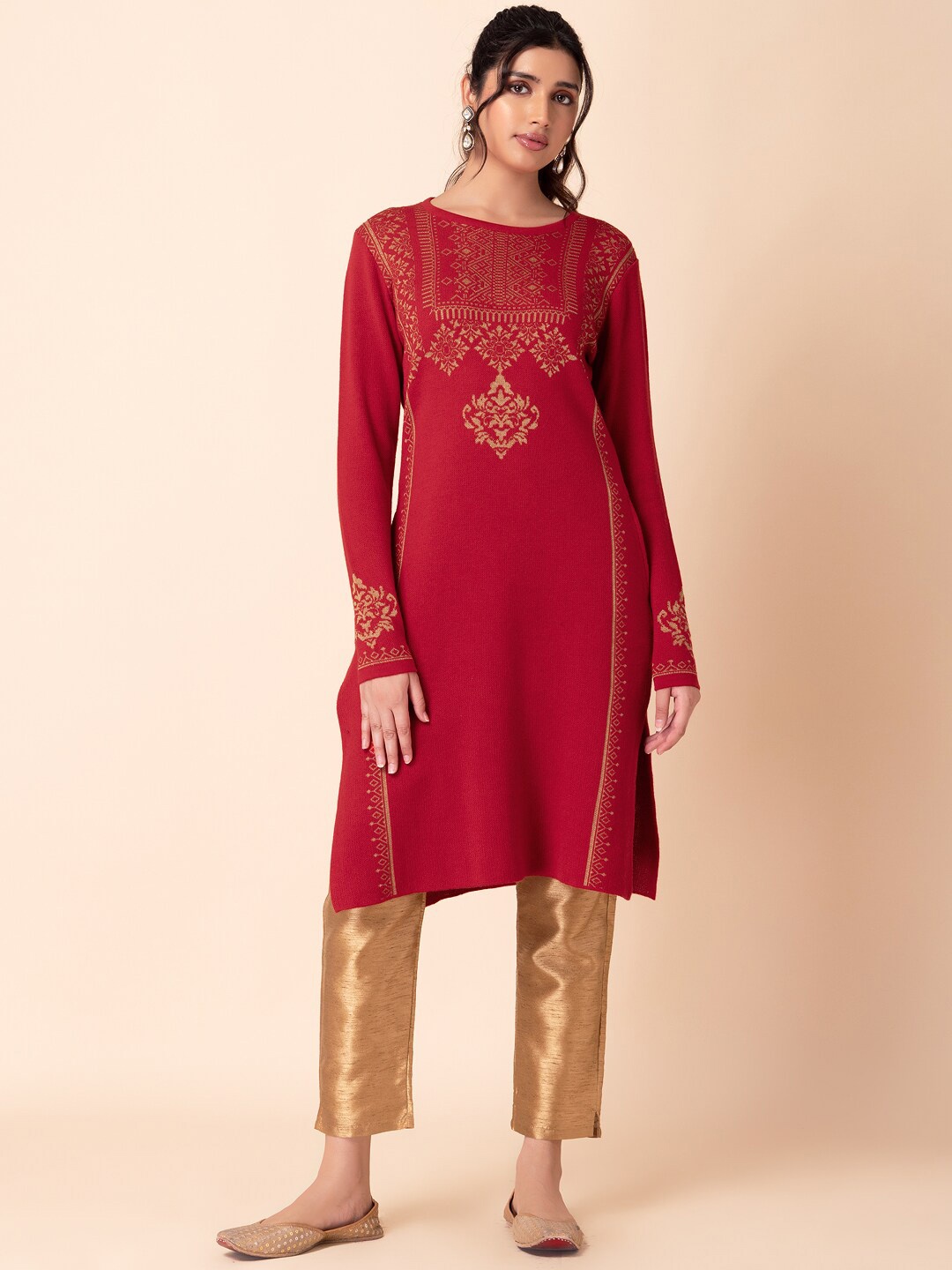 

INDYA Floral Woven Design A-Line Kurta, Red