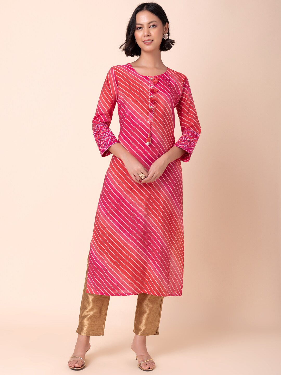 

INDYA Leheriya Printed Round Neck Straight Kurta, Pink