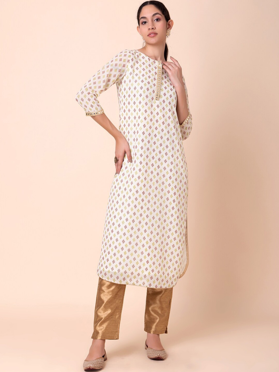 

INDYA Ethnic Motifs Printed Georgette Kurta, White