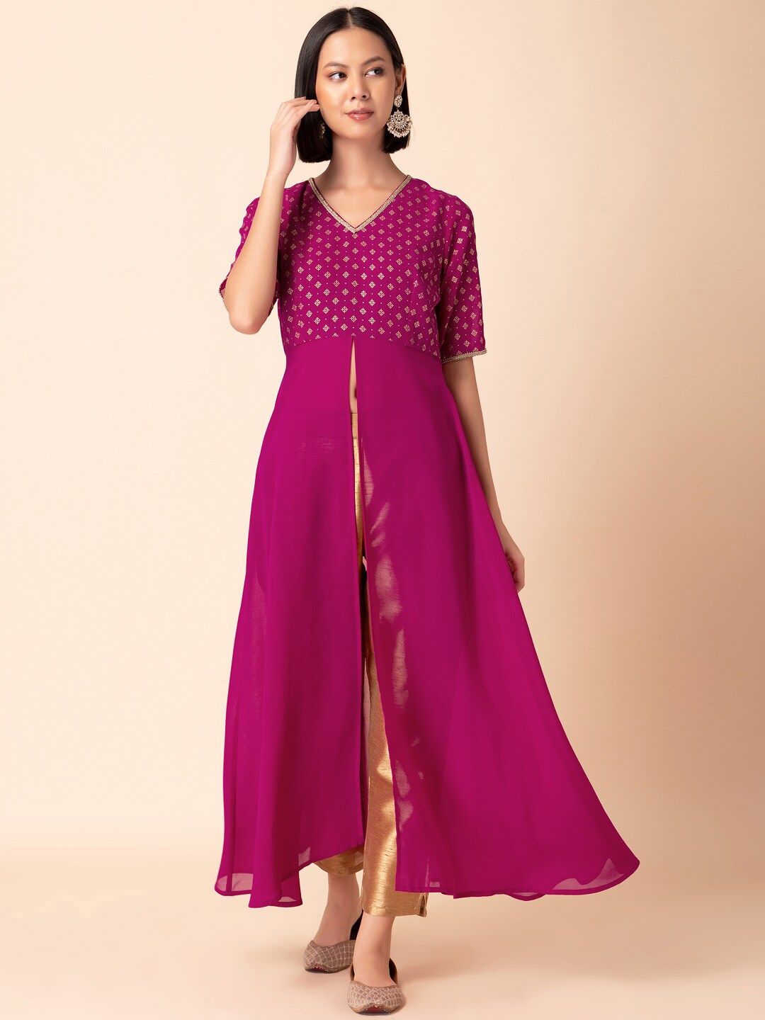 

INDYA Floral Foil Printed V-Neck Front Slit A-Line Kurta, Pink