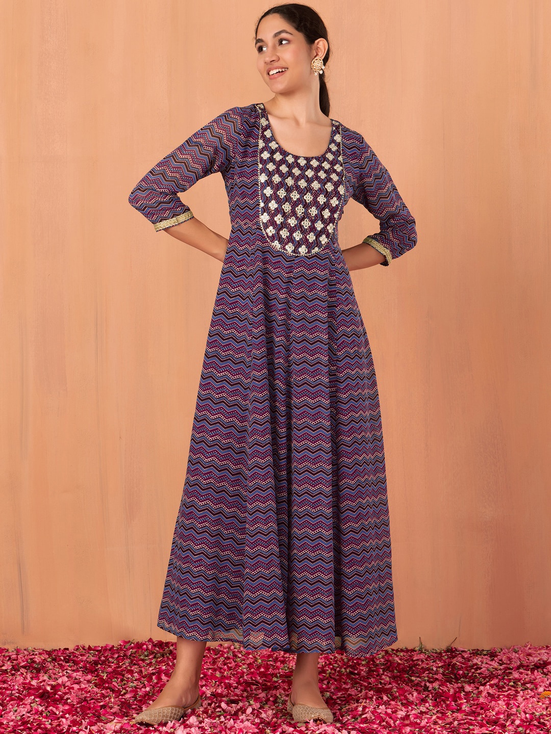 

INDYA Chevron Printed A-Line Ethnic Dress, Purple