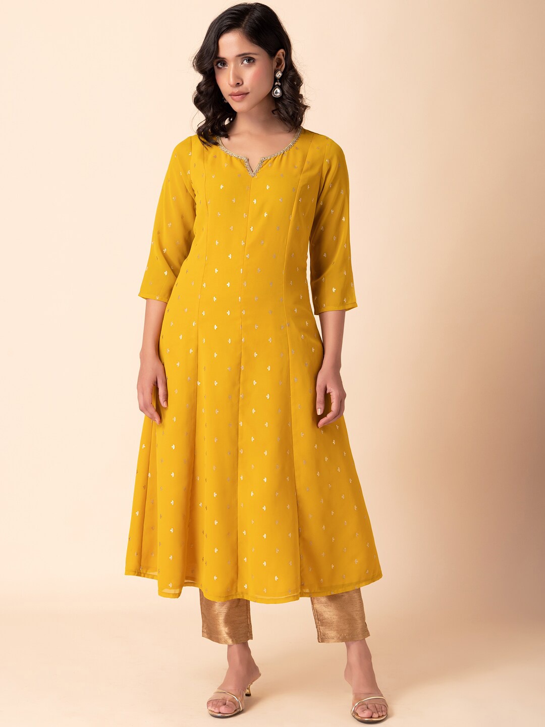 

INDYA Floral Foil Printed Notched Round Neck Anarkali Kurta, Mustard