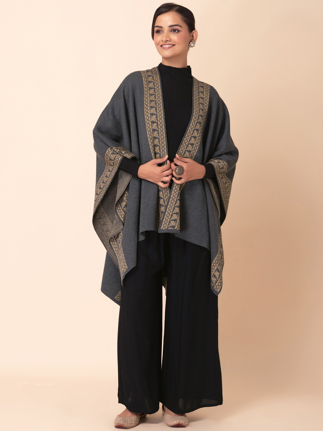 

INDYA Ethnic Motifs Printed Longline Kaftan Open Front Shrug, Grey