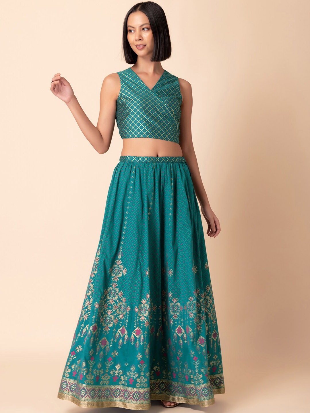 

INDYA Foil Printed Lehenga With Angrakha Blouse, Green