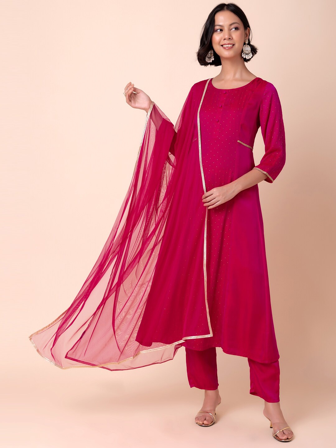 

INDYA Sequin-Bordered Mesh Dupatta, Pink