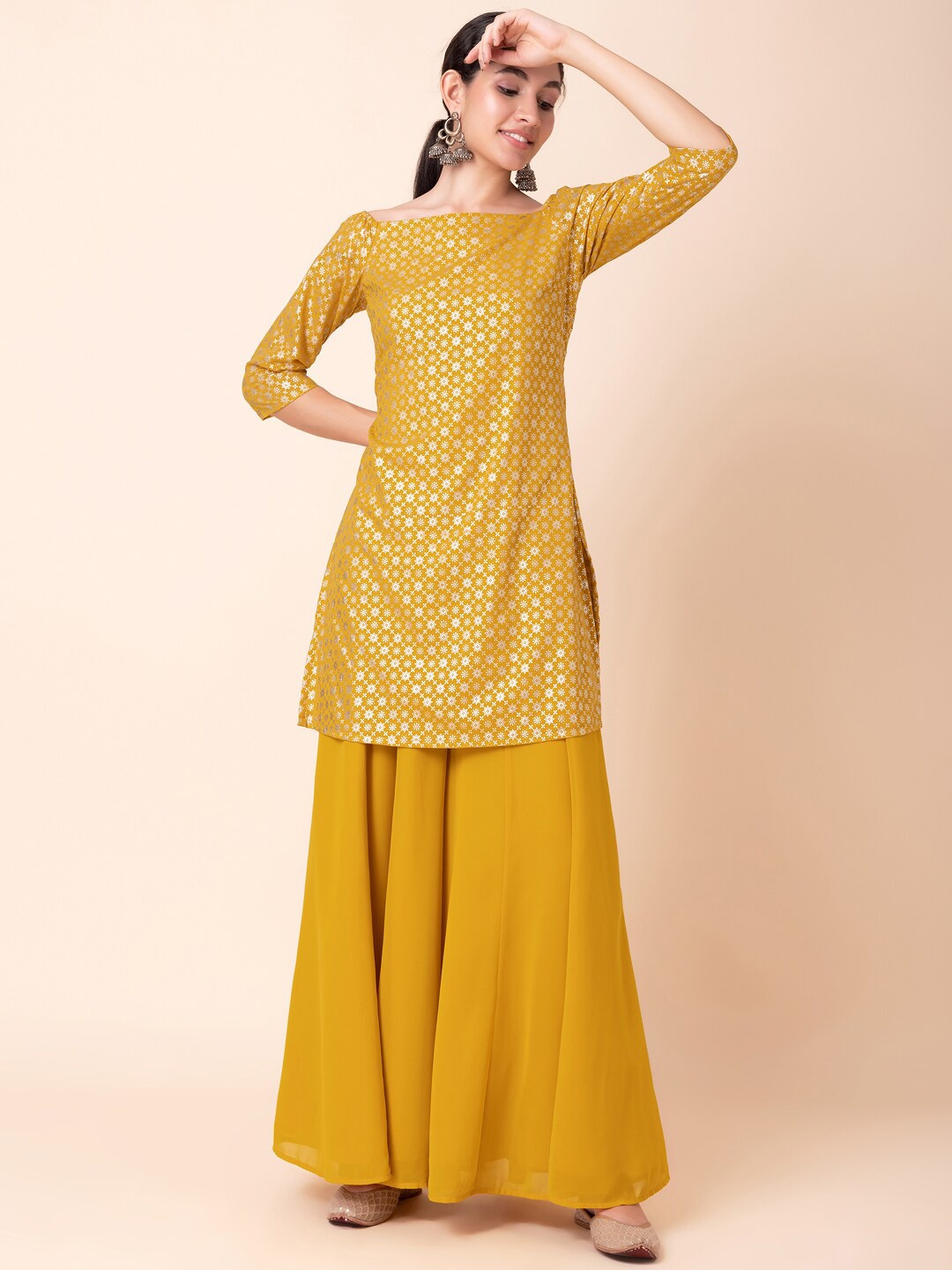 

INDYA Ethnic Motifs Foil Printed Off Shoulder Kurti With Sharara, Mustard