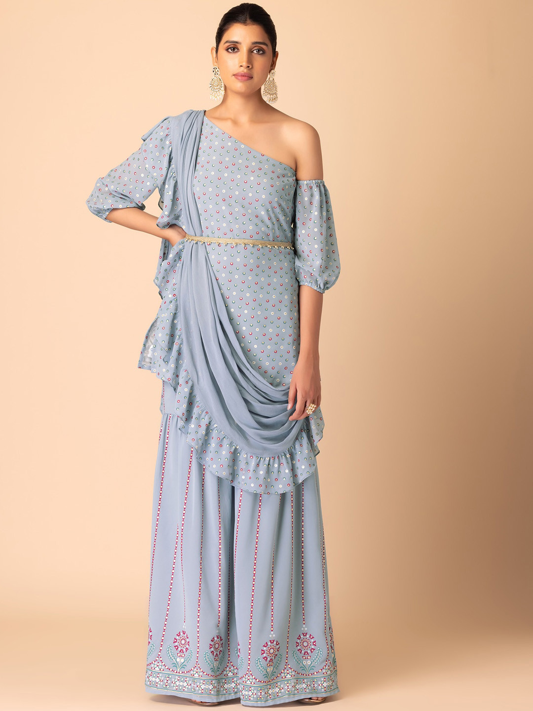

INDYA Geometric Printed Foil Kurta With Sharara Attached Ruffled Dupatta & Belt, Blue