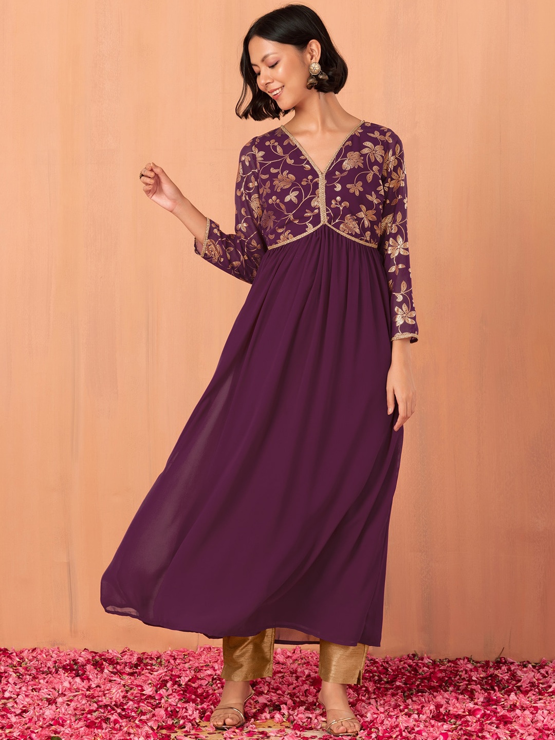 

INDYA Floral Foil Printed Back Cut Out Detailed Georgette Anarkali Kurta, Purple