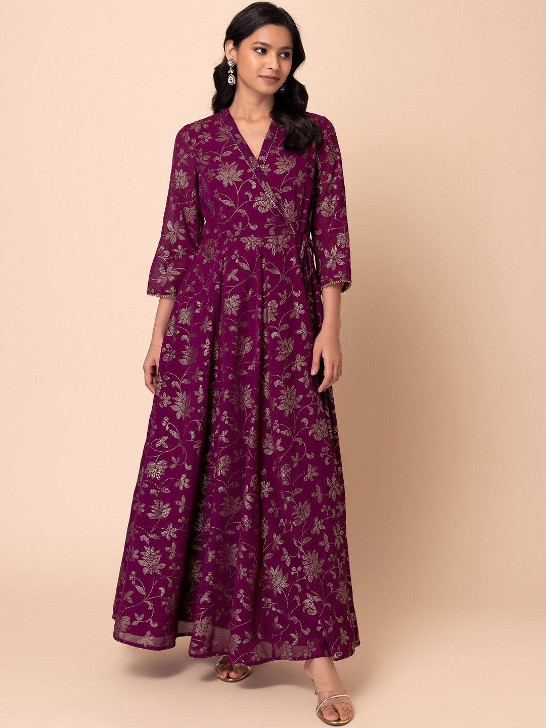 

INDYA Floral Printed V-Neck Gathered Georgette Maxi Ethnic Dress, Purple