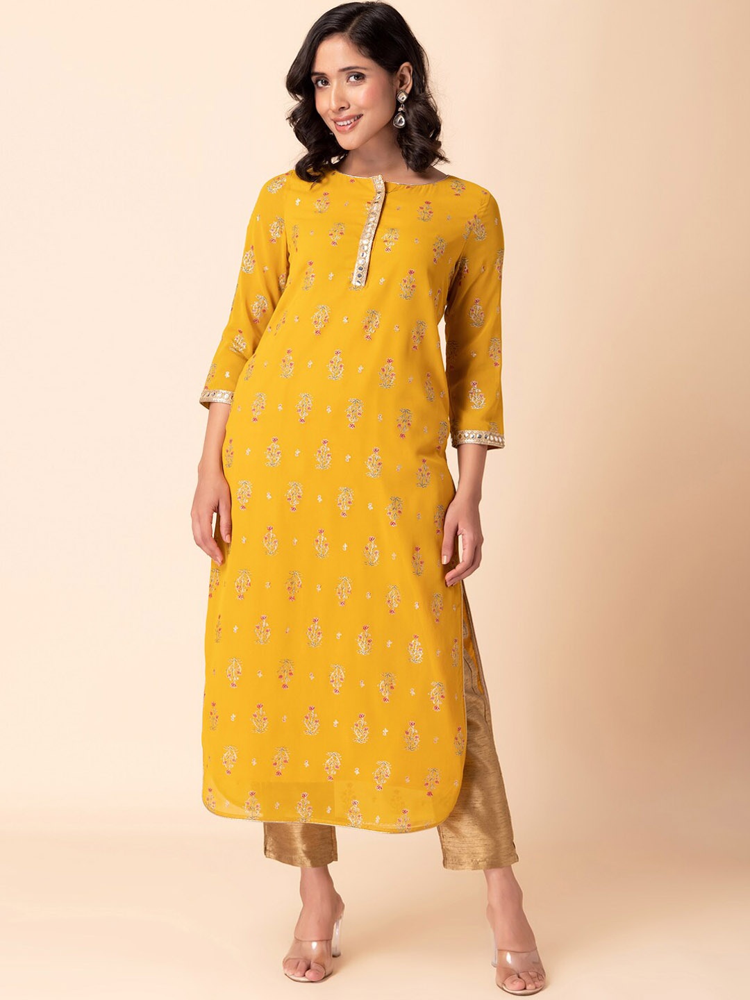 

INDYA Floral Foil Printed Mirror Work Straight Kurta, Yellow