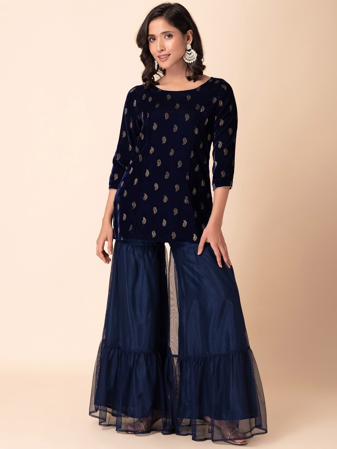 

INDYA Ethnic Motifs Foil Printed Velvet Kurti With Tiered Sharara, Navy blue