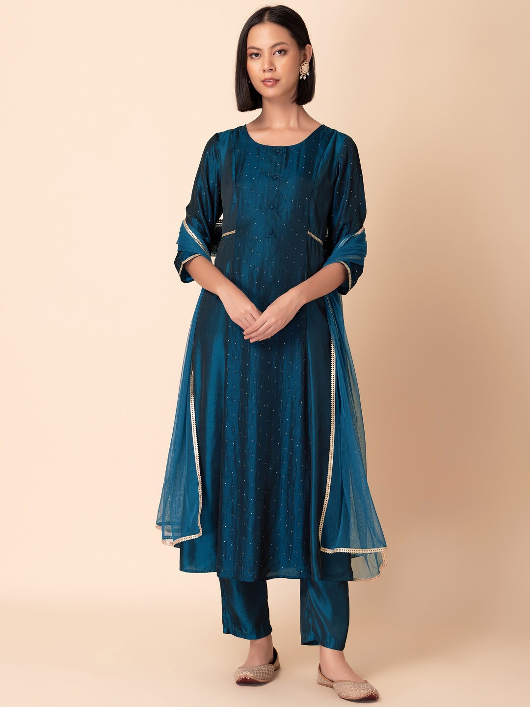 

INDYA Embellished A-Line Gotta Patti Kurta With Trousers & Dupatta, Blue