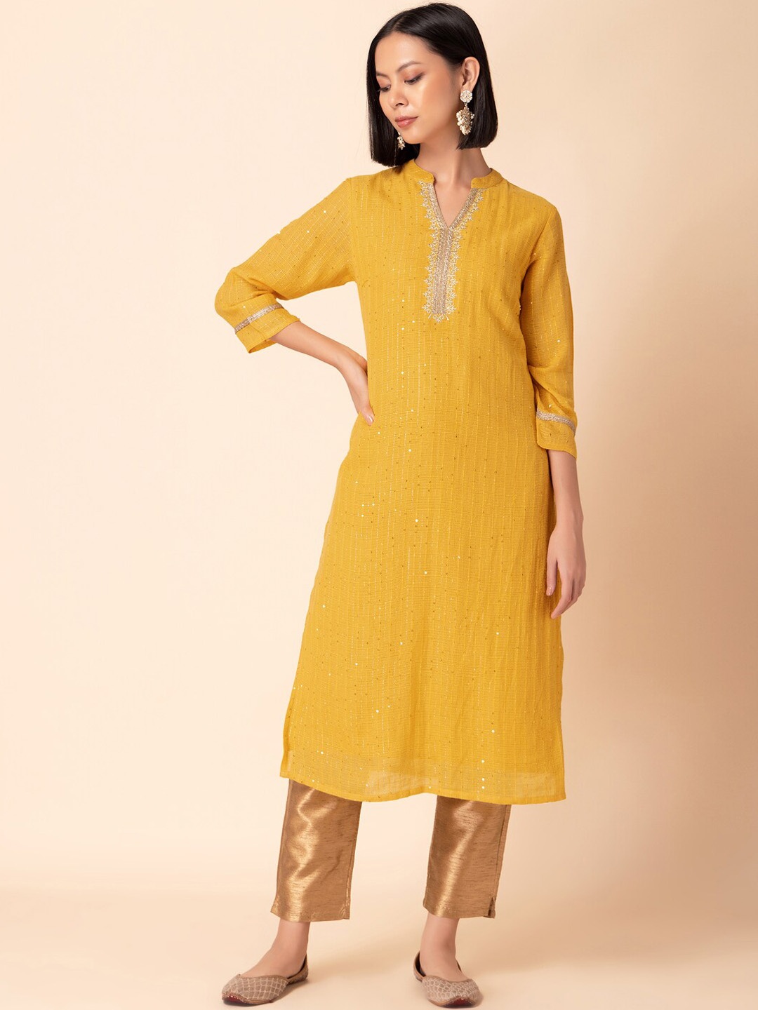 

INDYA Ethnic Motifs Yoke Design Sequinned Mandarin Collar Pure Cotton Straight Kurta, Yellow