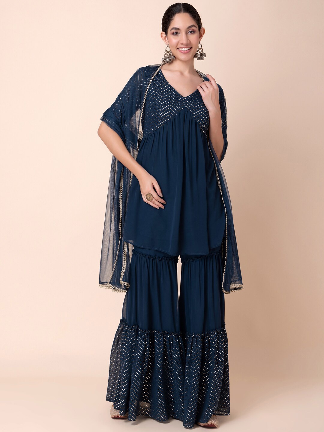 

INDYA Chevron Yoke Design V-Neck Empire A-Line Kurti & Sharara With Dupatta, Teal