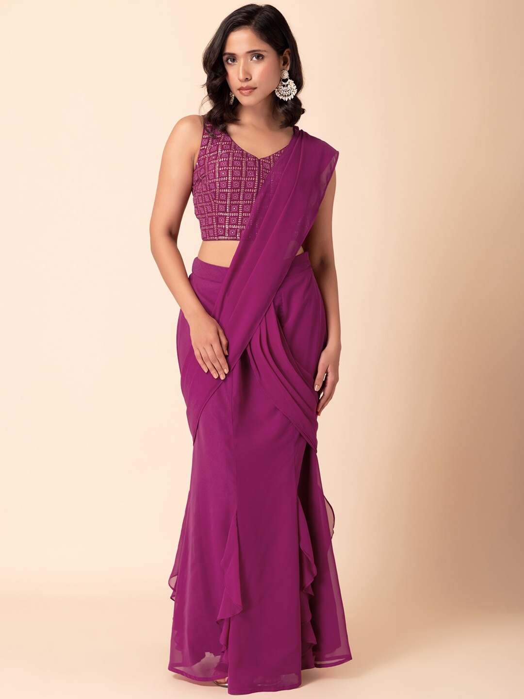 

INDYA Pack Of 2 Ready To Wear Saree With Sequin Embroidered Blouse, Purple