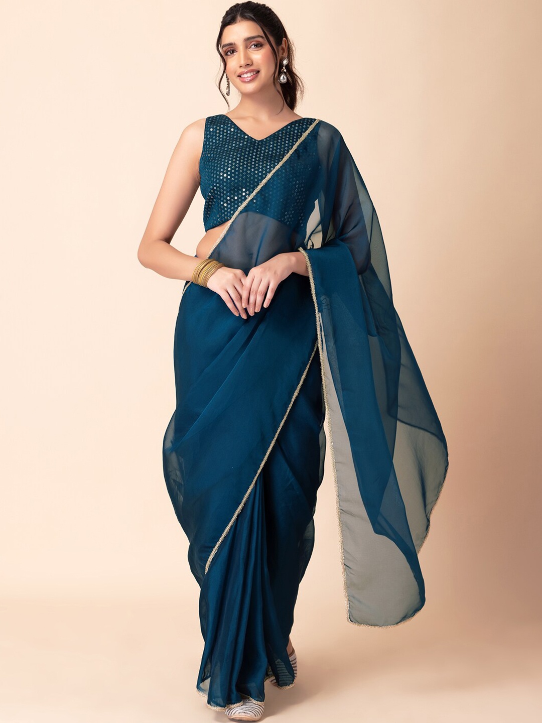 

INDYA Taping Border Ready To Wear Silk Saree, Teal