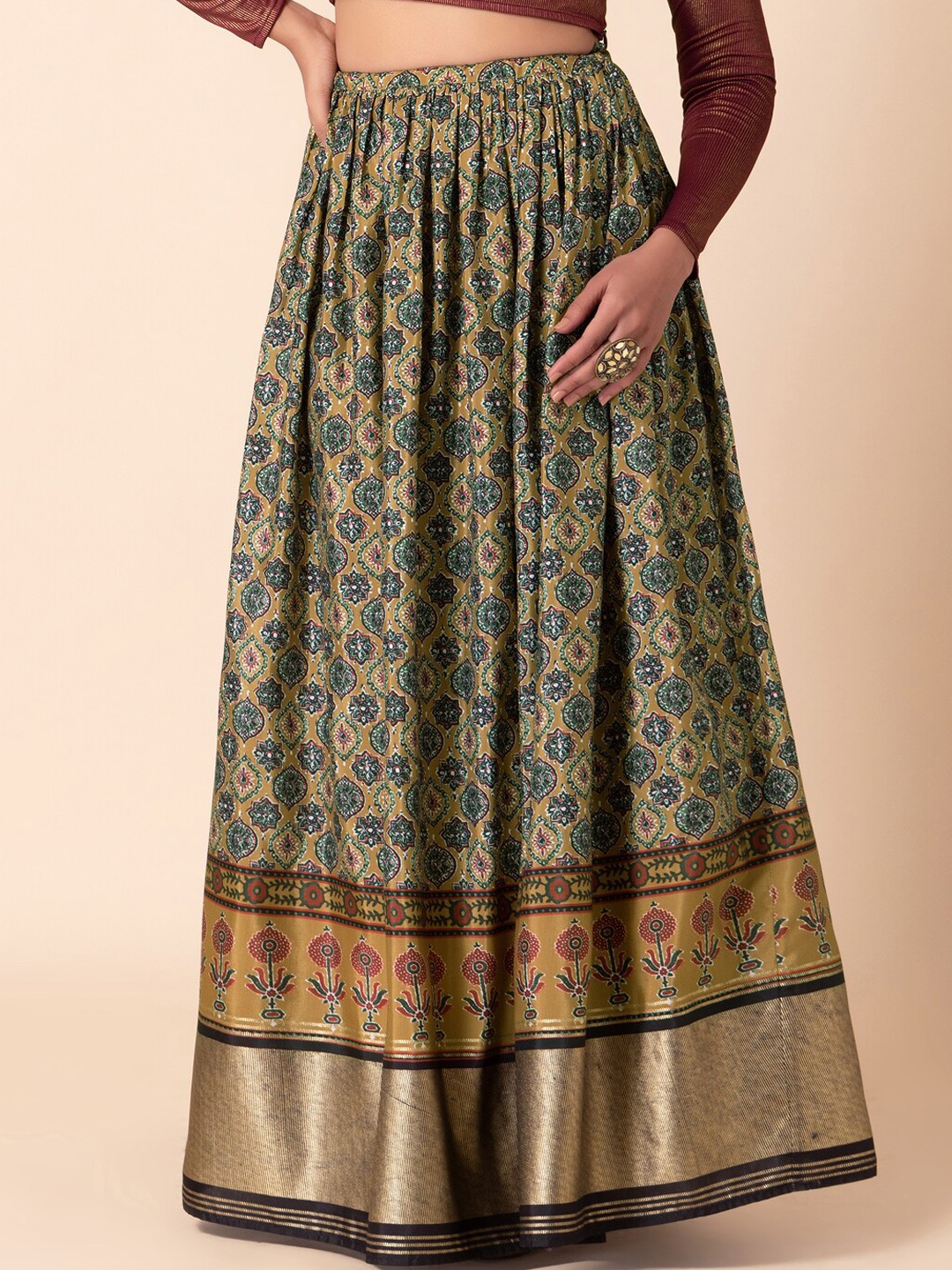 

INDYA Mustard Yellow Ajrakh-Printed Lehenga Flared Ethnic Skirt