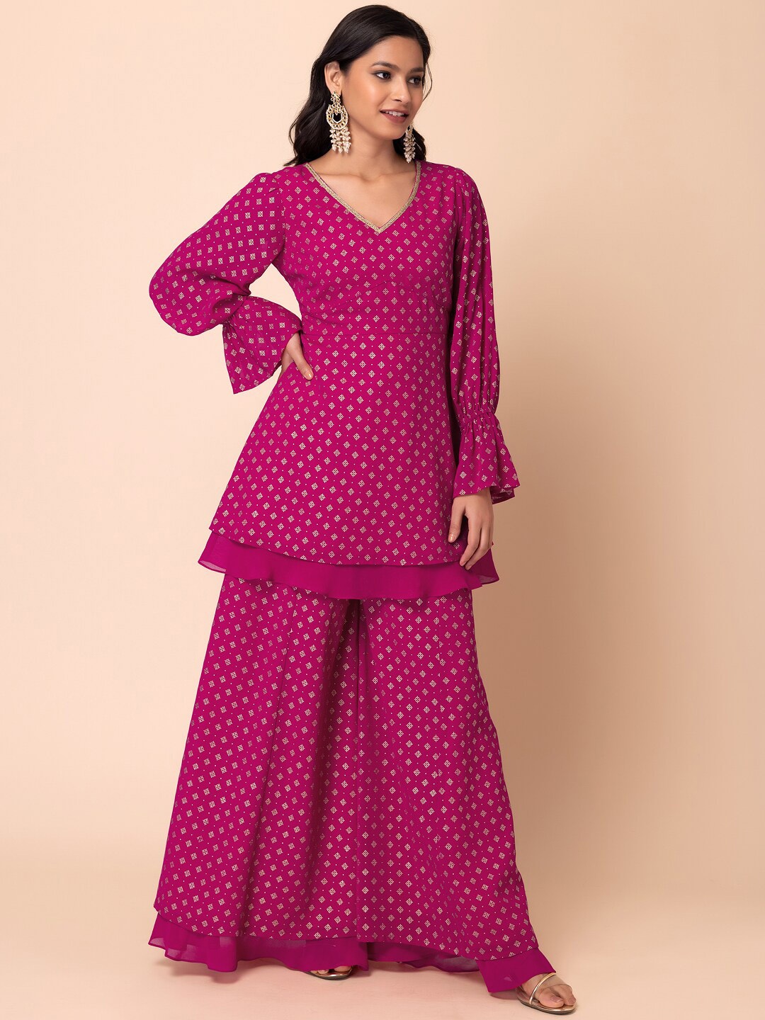 

INDYA Ethnic Motifs Printed Bell Sleeves Georgette Foil Layered A-Line Kurta Set, Pink