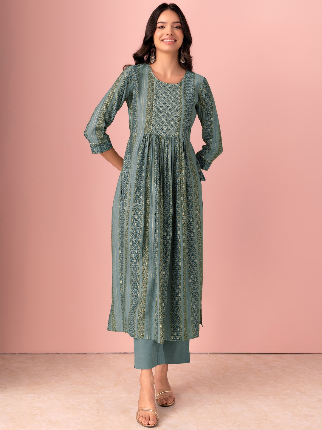 

INDYA Ethnic Motifs Printed Beads & Stone Pleated A Line Kurta & Palazzo, Green