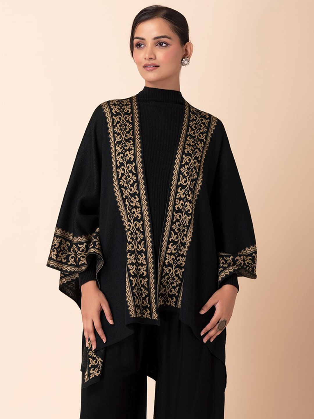 

INDYA Geometric Printed Open Front Ethnic Kaftan Shrug, Black