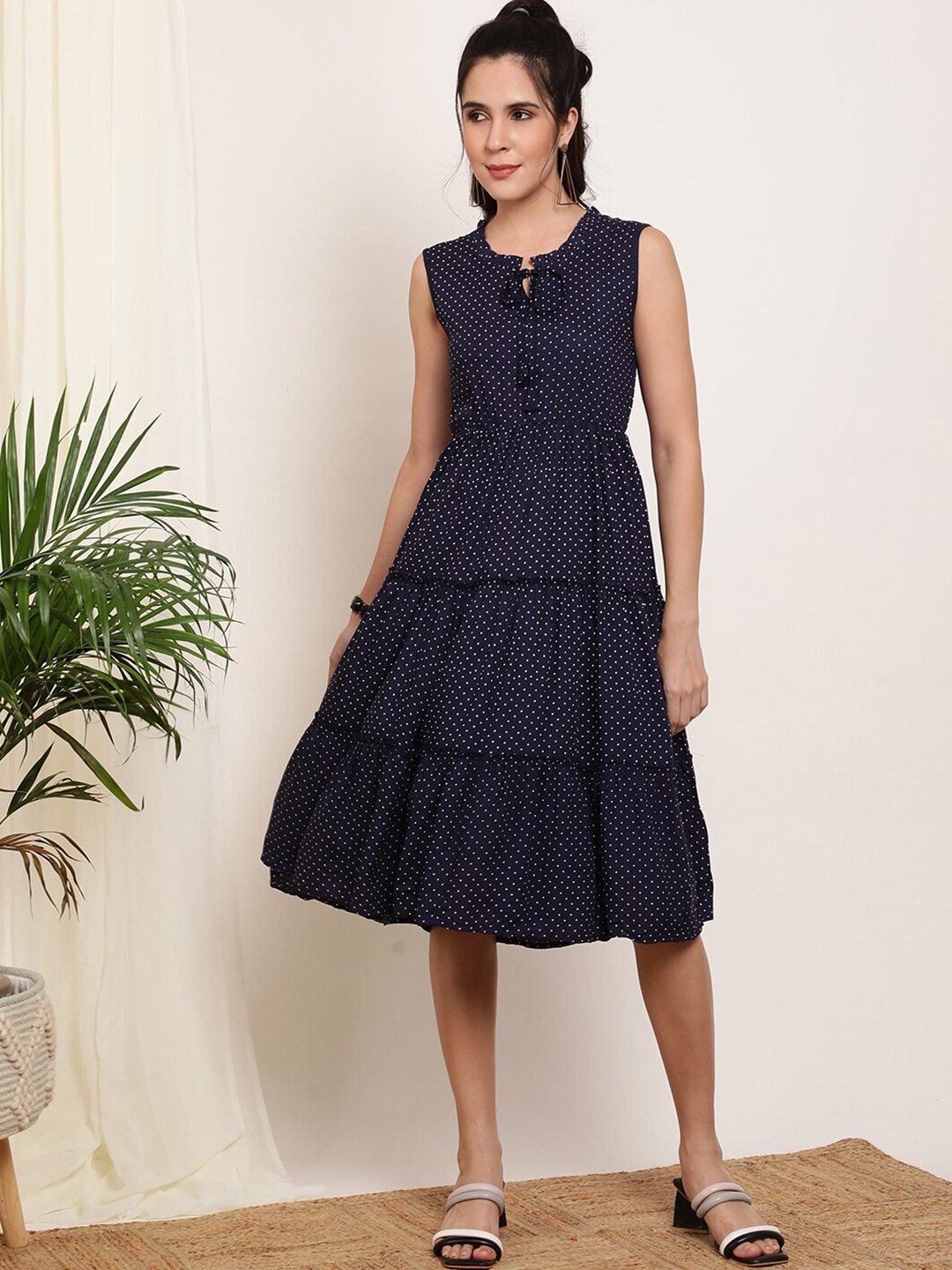 

KALINI Polka Dots Printed Tie-Up Neck Gathered Tiered Fit & Flare Midi Dress, Blue