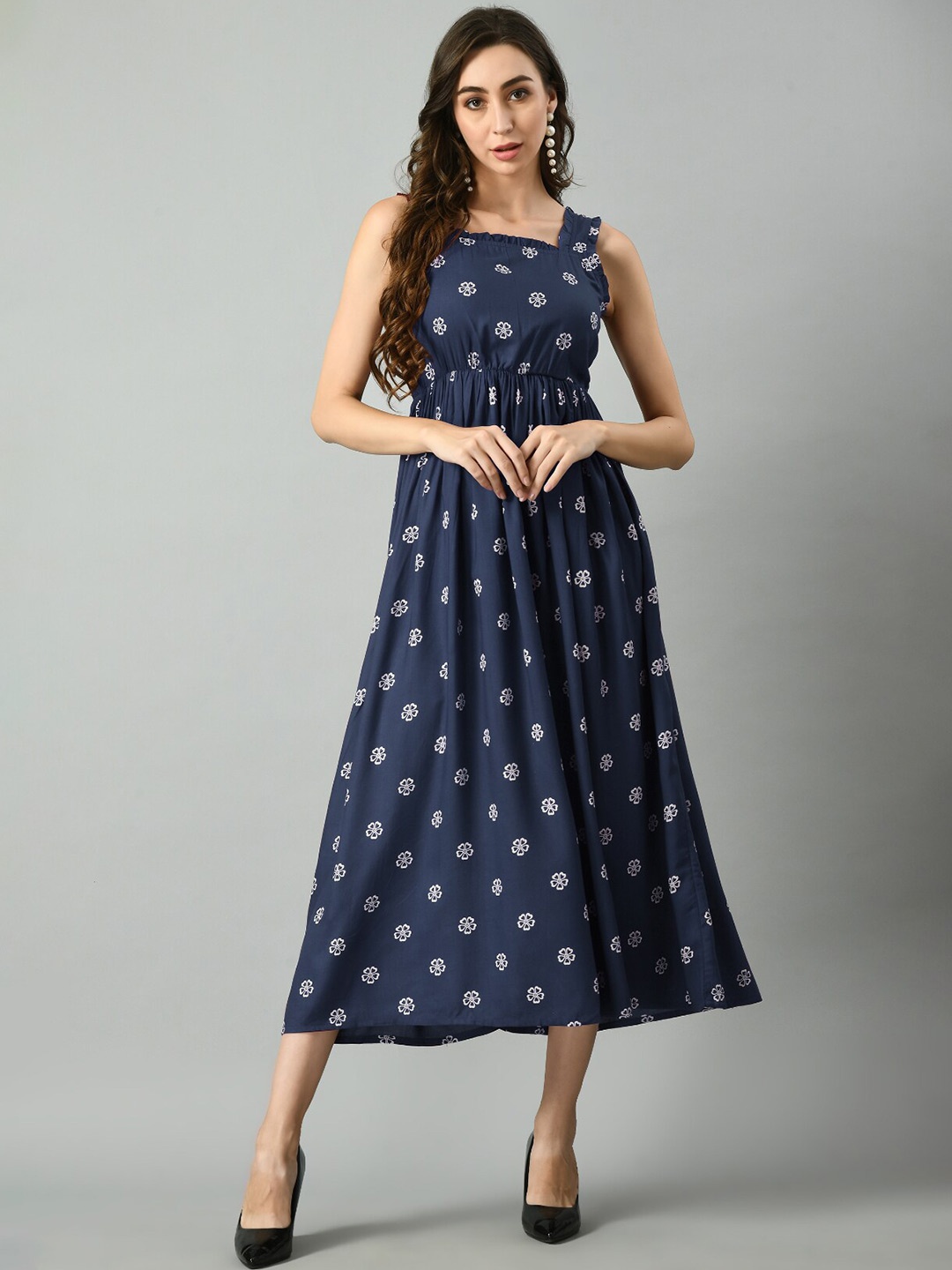 

KALINI Floral Printed Square Neck Sleeveless Gathered A-Line Midi Dress, Blue