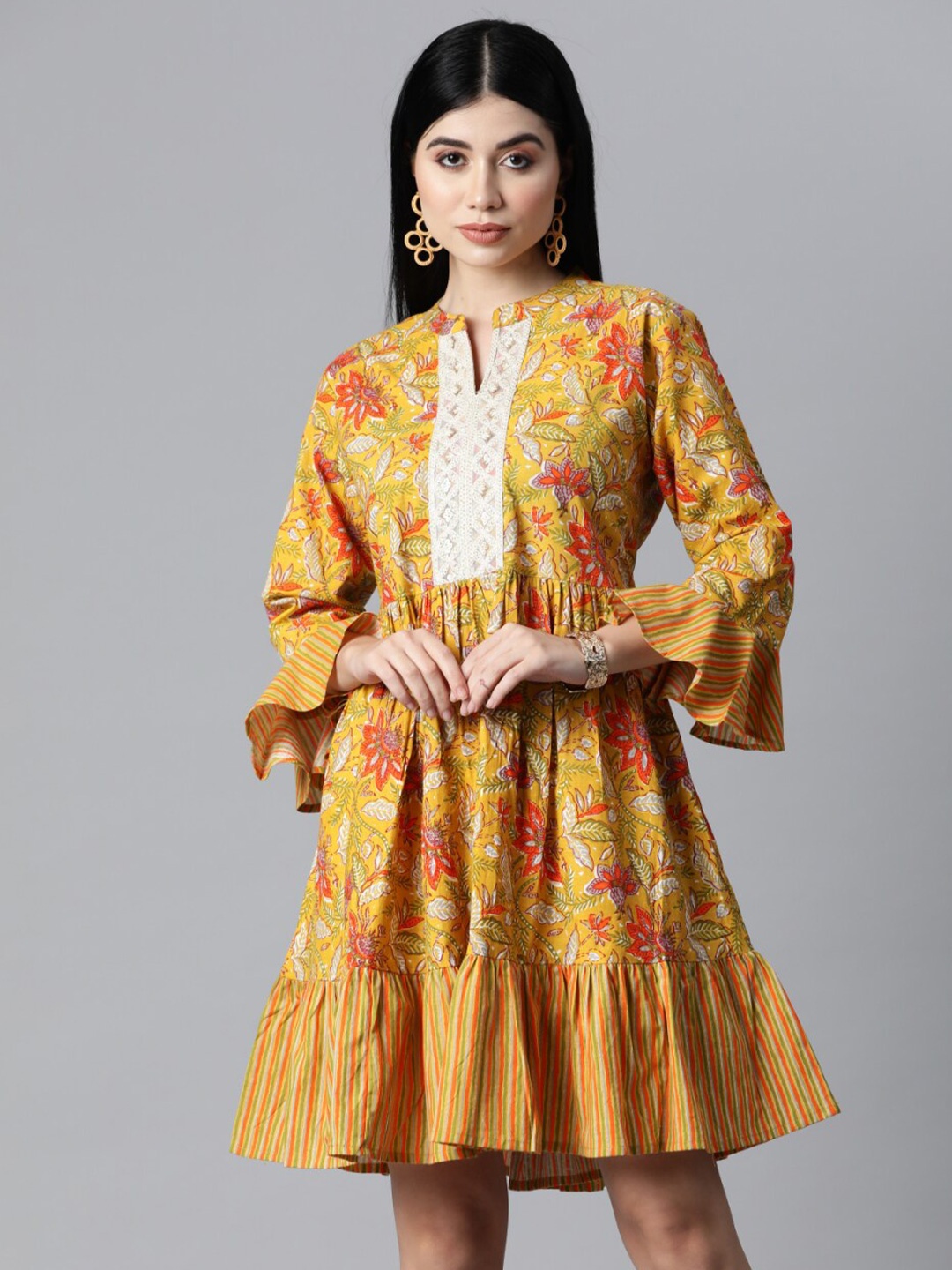

JC4U Floral Printed Bell Sleeve Cotton Fit & Flare Dress, Mustard