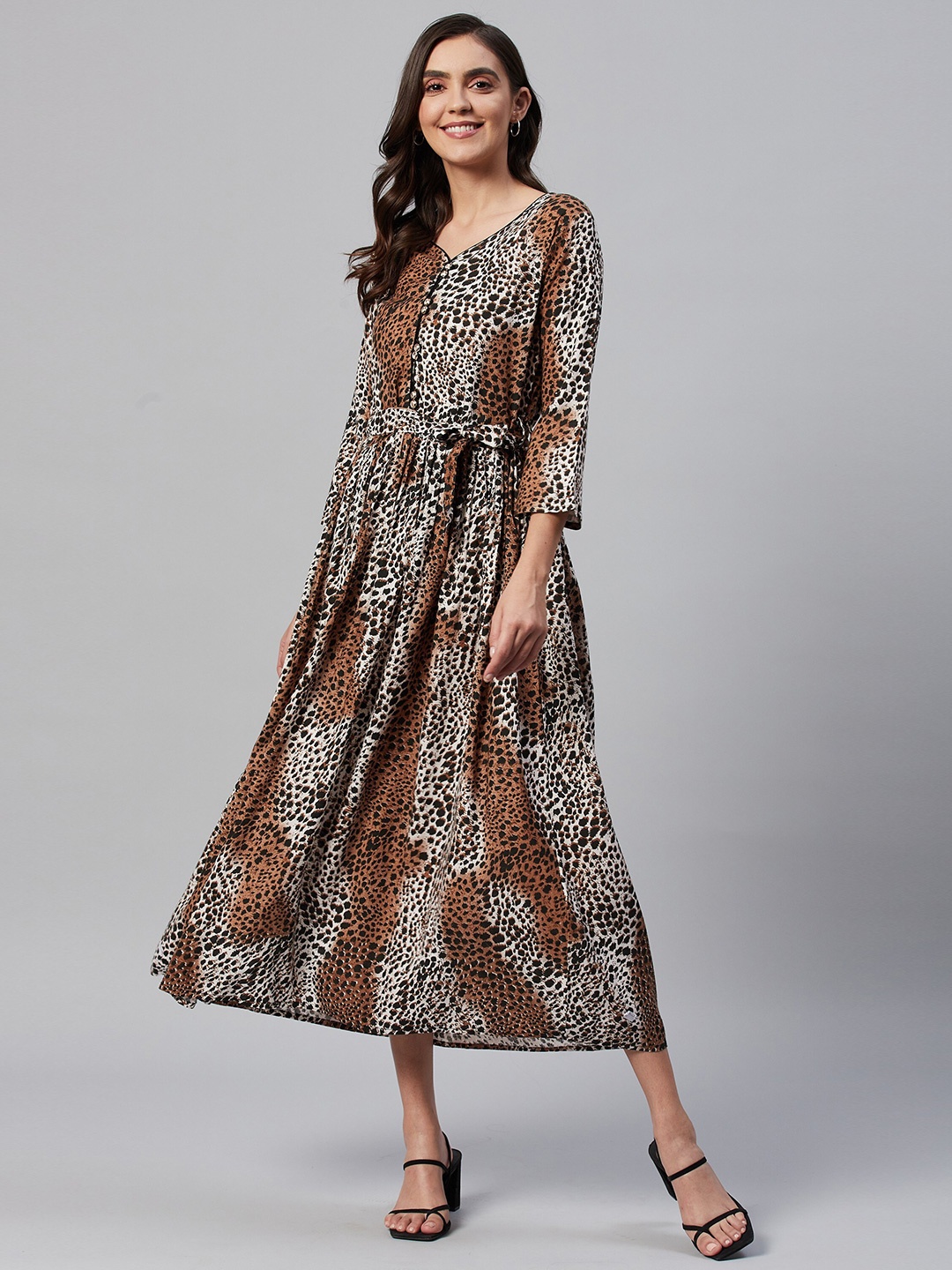 

JC4U Abstract Printed Cotton A-Line Midi Dress, Brown