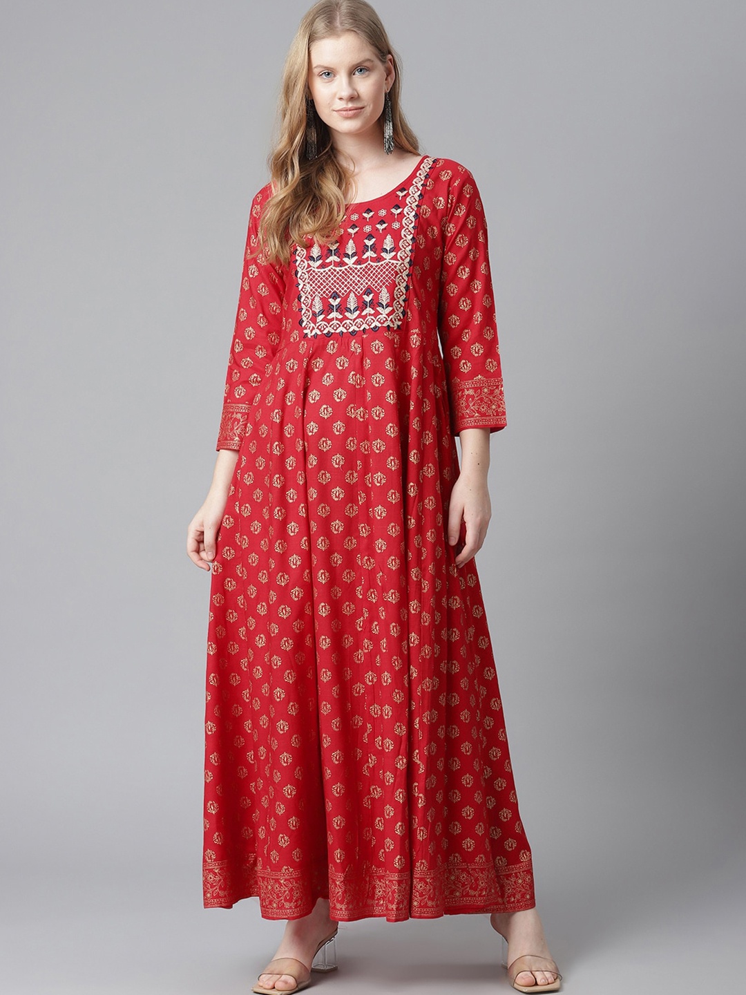 

JC4U Ethnic Motifs Printed Embroidered Maxi Ethnic Dress, Red