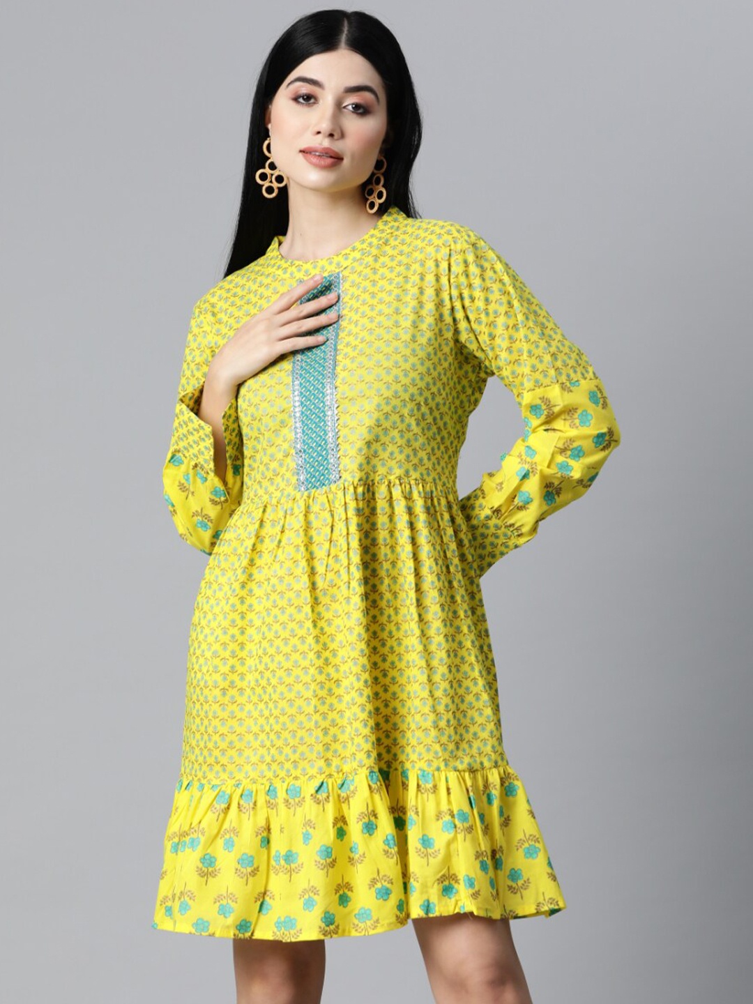 JC4U Floral Printed Cotton Fit & Flare Ethnic Dress, Yellow