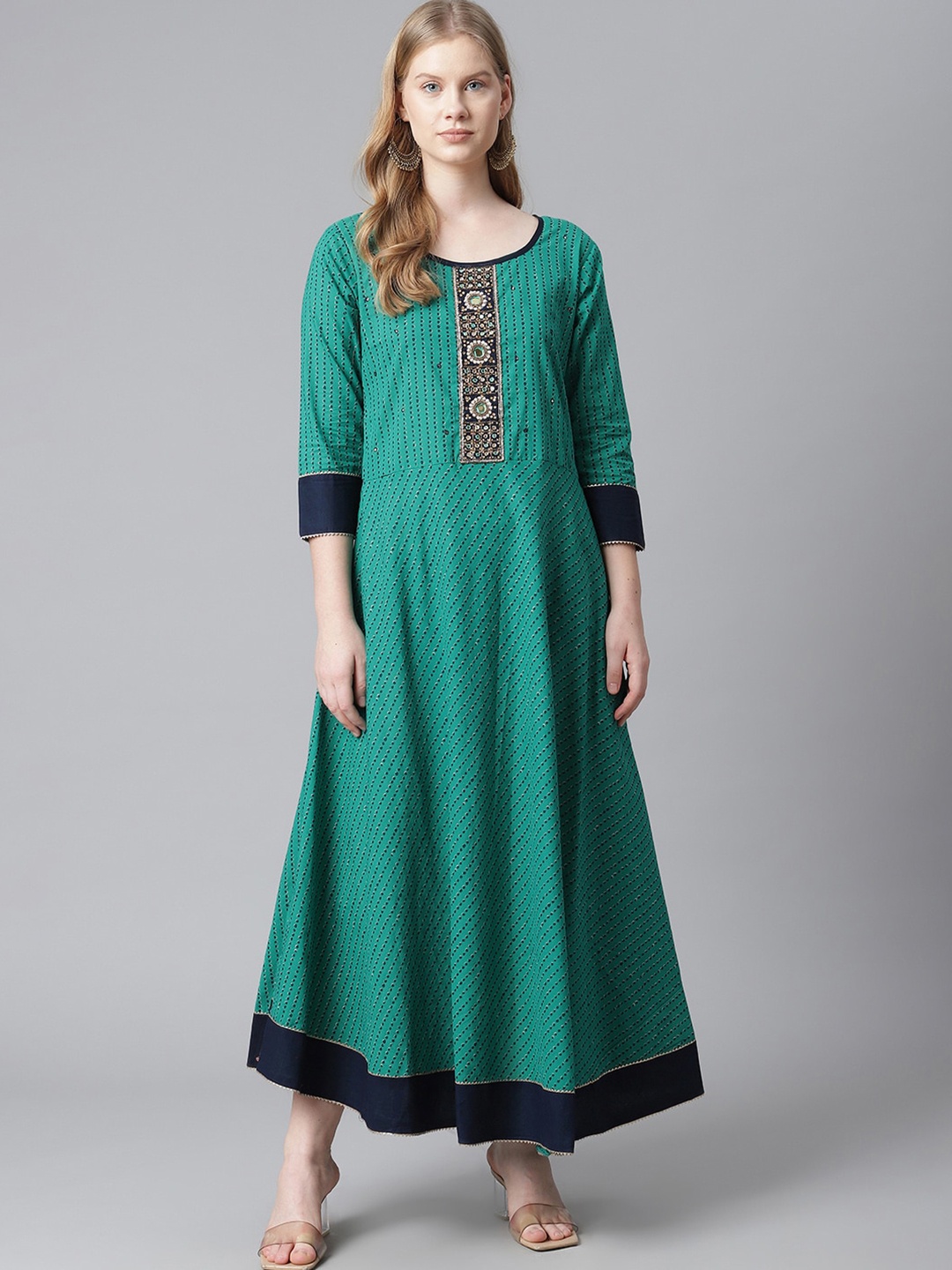 JC4U Polka Dots Printed Cotton Maxi Ethnic Dress, Green