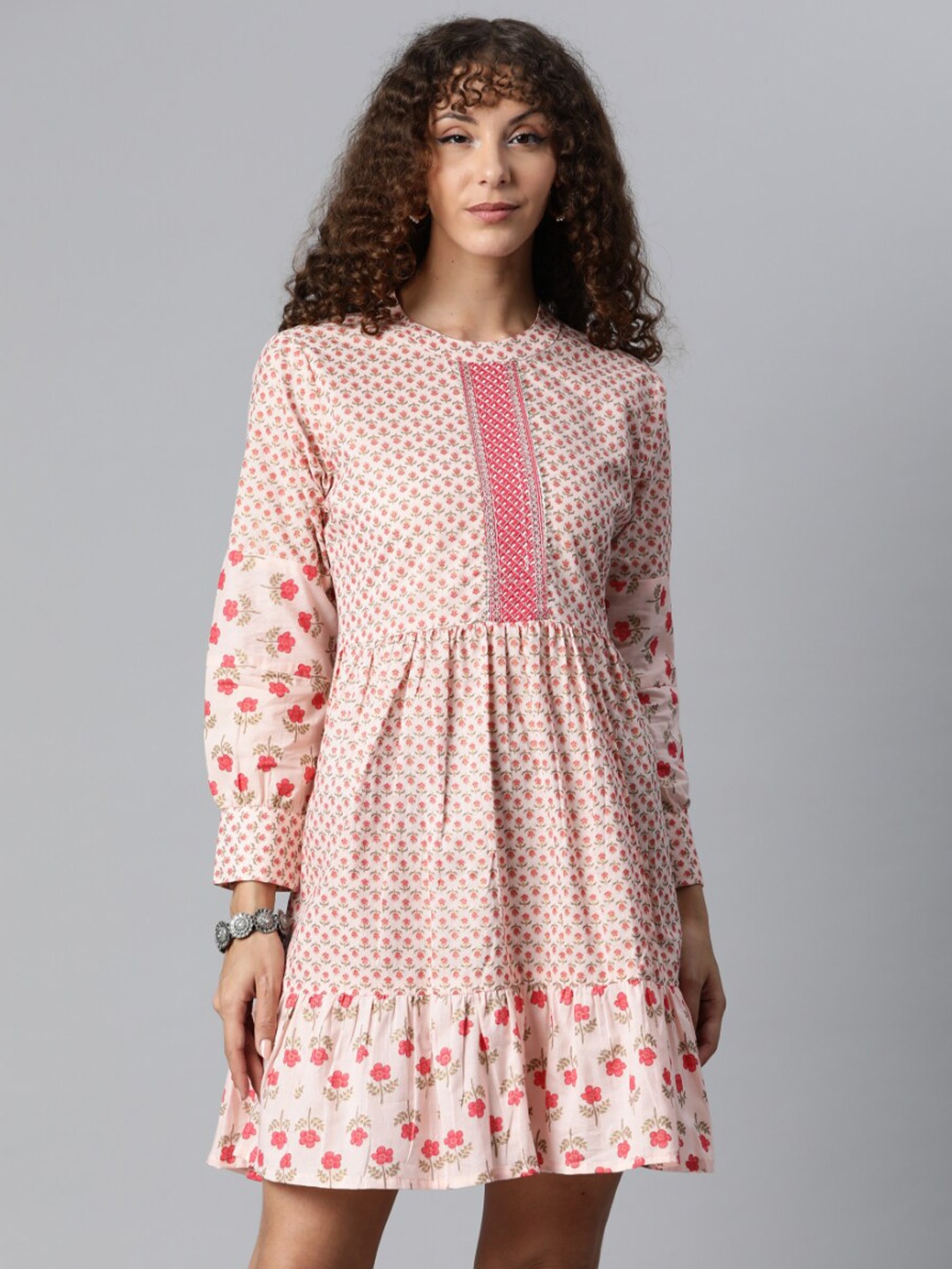 

JC4U Floral Printed Cuff Sleeve Cotton Fit & Flare Ethnic Dress, Pink